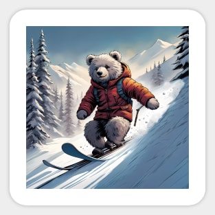 Teddy skiing down a hill in the snow Sticker